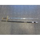 Dress sword with steel blade and leather and brass handle and a ebonised walking cane with silver