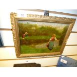 Dutch style antique oil of ladies collecting water, unsigned 26cm x 20cm