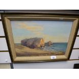 Framed oil on board of a beach scene with children by J.M Hirst together with an Edwardian water