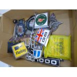 Collection of vintage car badges incl, Mini etc with owners handbook for Vauxhall