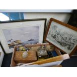 A box lot incl. brass carriage clock. AA badges cased binoculars and a print of HMS Hermes
