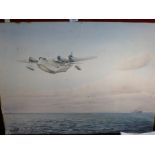 Unframed watercolour of the Calypso flying boat signed H.Louie Rowman 1936 78x56