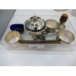 Collection of silver and other items including 3 serviette rings, mustard pot & spoon, nail