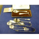 Silver comprising a cased Christening set, Georgian sugar tongs, apostle spoons, etc approx 5.8 troy