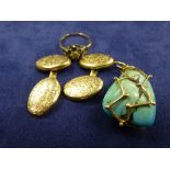 Turquoise and yellow coloured metal pendant, 3cm long, pair of yellow gold cufflinks and 9ct