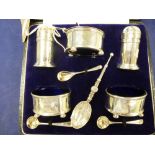 1920's silver 5 piece condiment set comprising pair salts, pair pepperettes, mustard pot, spoons,