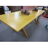 Modern oblong oak table of folding trle supports, 220cm