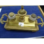 French gilt metal ink stand with ornate decoration, width 31cm