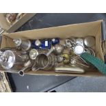 Collection of silver plated and other items incl. small jug, brass hen, sugar tongs etc