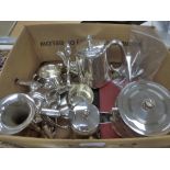 Box of silver plate including glass biscuit barrel tea kettle, 2 silver spoons etc.