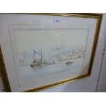 Ken Hammond, a watercolour of continental fishing town, signed, 45.5cm x 29.5cm