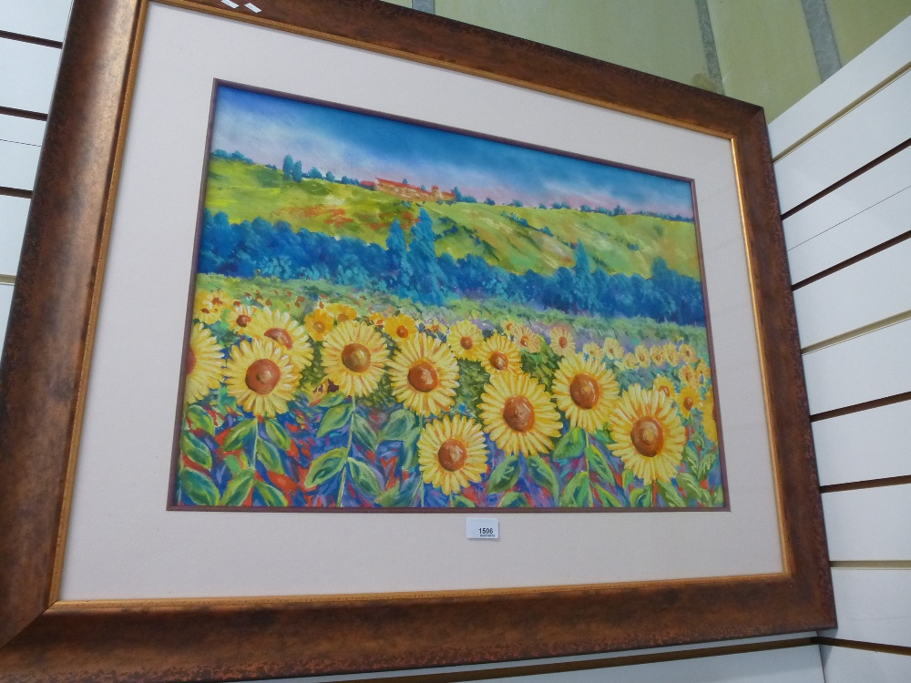 Watercolor of sunflowers in landscape, signed Robin Mullen