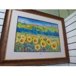 Watercolor of sunflowers in landscape, signed Robin Mullen