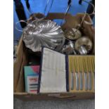 A carton of silver plated items and similar including a decorative candelabra