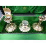 George V silver 3 piece desk set comprising a pair of candlicks with wooden bases 8cm high and an