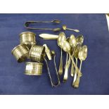 Silver including set of six Georgian teaspoons, 4 serviette rings, 2 fruit knives with mop