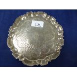 Victorian silver card tray with pie crust edge, engraved decoration with central initials on 3 pad