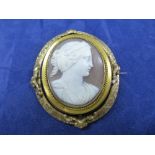 19ct Century oval cameo shell brooch with locket back, classical side profile of a young girl, pinch