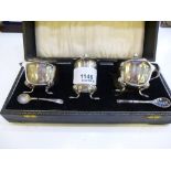 Silver 3 piece cruet set, Birmingham 1948, one blue glass liner replaced, silver salt spoon and a