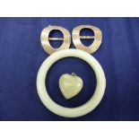 2 Sterling silver shoe buckles, pale green jade bangle and heart pendant