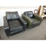 2 Very similar retro style green leather armchairs on chrome supports