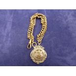 9ct Rose gold watch chain stamped 9ct with silver medallion, approx 15g