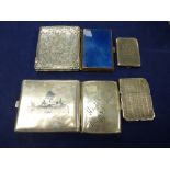 Collection of cigarette cases including a silver example, blue enamel and brass example, silver