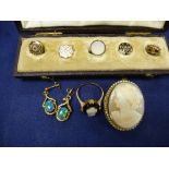 Enamel dress studs cased cameo brooch and a pair of opal style earrings and a cameo style ring