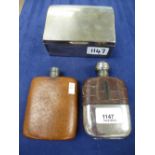 Two spirit flasks both leather bound and a silver plated state express cigarette box