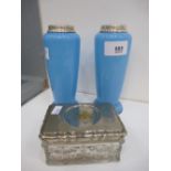Pair of blue glass vases with white coloured metal collars and a small lidded cut glass dish