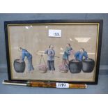 Oriental tortoiseshell set of chop sticks and Knife and a rice painting of a figures