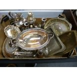 Box of plated items including serving dish, cake baskets etc.