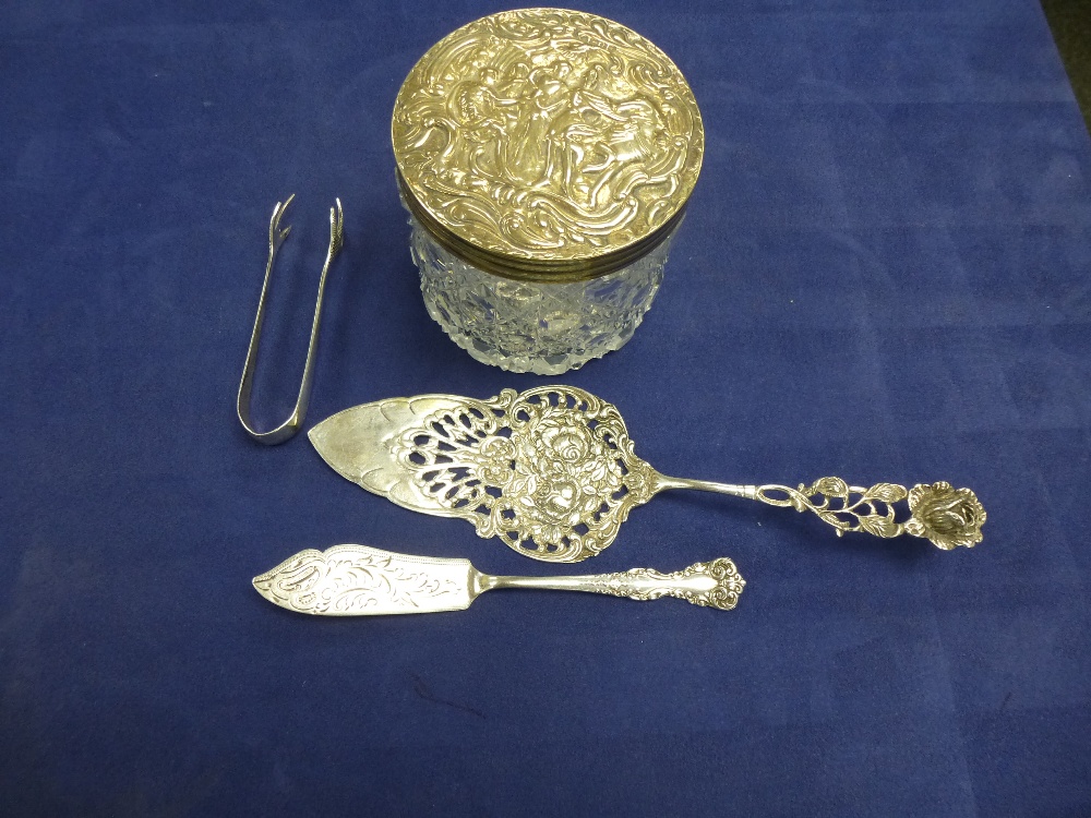 Late Victorian cut glass trinket jar with embossed silver lid, small liver butter knife, sugar