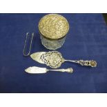 Late Victorian cut glass trinket jar with embossed silver lid, small liver butter knife, sugar