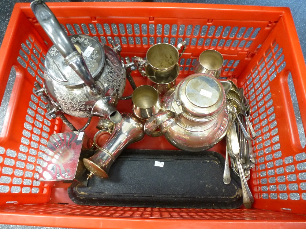 Collection of plated cutlery including Victorian E.P.B.M teakettle, cased fish servers sugar