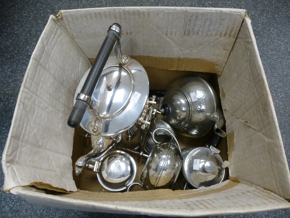 Silver plated tea kettle on a stand, 4 pieces of pewter teaset etc.