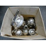 Silver plated tea kettle on a stand, 4 pieces of pewter teaset etc.
