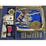 Four WWI medals, three of which engraved PTE W. Brydon, Scots Guards, a brass Duty foot plate, a