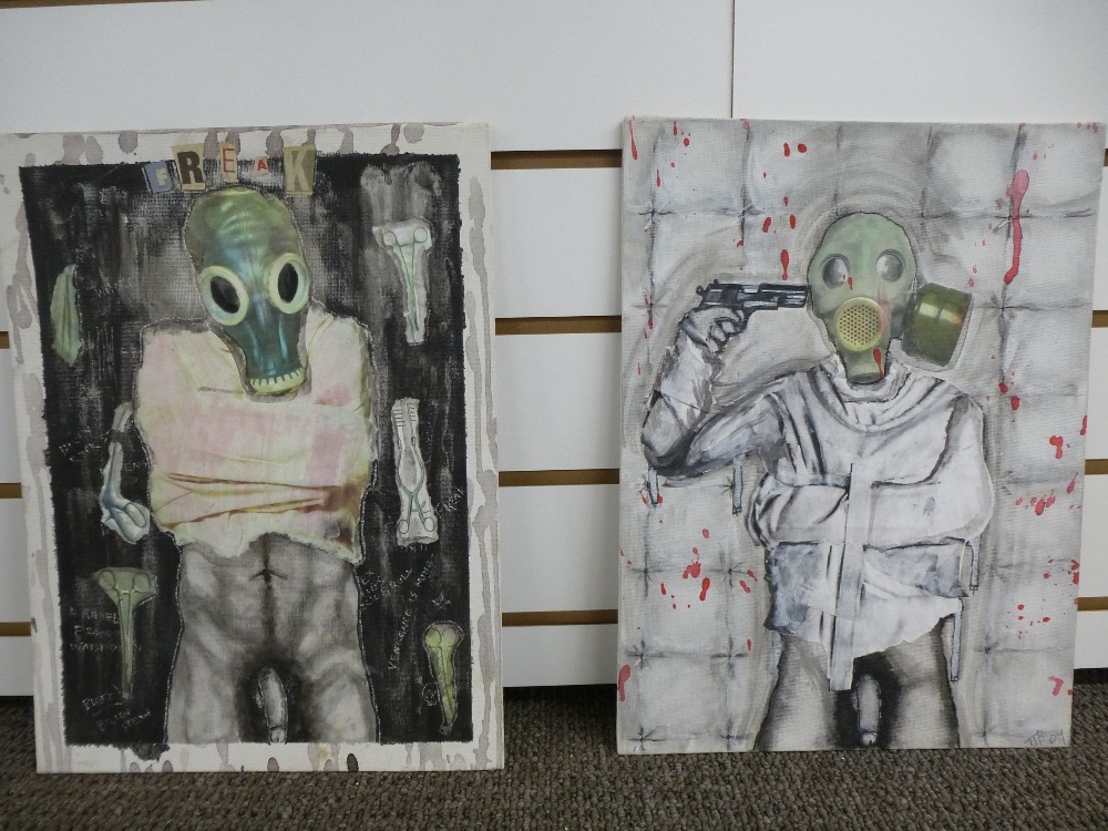 Fine unframed painting by Thomas James Butler of figures wearing gas mask and a portrait of Billie - Image 2 of 4