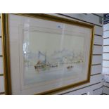 Ken Hammond, a watercolour of continental fishing town, signed, 45.5cm x 29.5cm