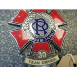 Vintage Chrome and enamel car badge "The Order of The Road, 30 Year Driver"