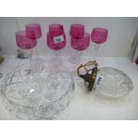 Set of 7 cranberry wine glass engraved with initials, cut glass light fitting and a fruit bowl