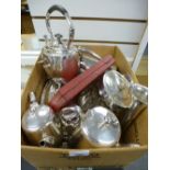 Box of silver plate including glass biscuit barrel tea kettle, 2 silver spoons etc.