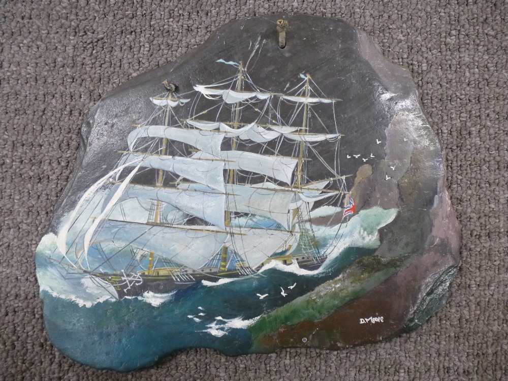 A painting on slate of Masted Ship in stormy seas by D. Moore