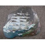 A painting on slate of Masted Ship in stormy seas by D. Moore