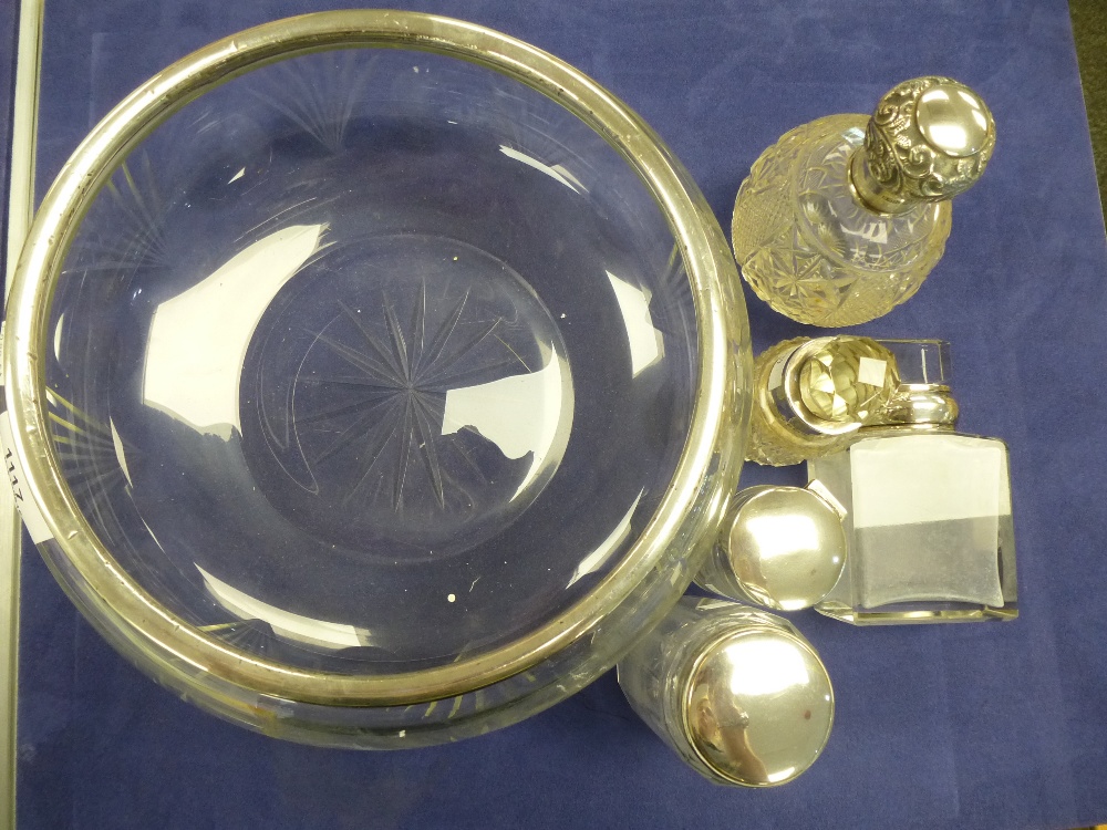 Collection of glass toilet jars some with silver lids and a glass fruit bowel with silver rim - Image 2 of 4