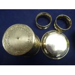 Small collection of silver including glass table match holder, napkin rings etc.