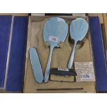 1930's pale blue enamel and silver part dressing table set, Birmingham 1935, cased lady's Mother
