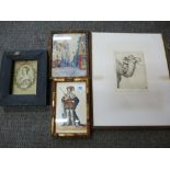 Three small pictures and an etching of girl on Camel by J.H. Dowd