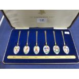 Set of six solid sterling silver coffee spoons, 22ct gold plated individually hand painted in